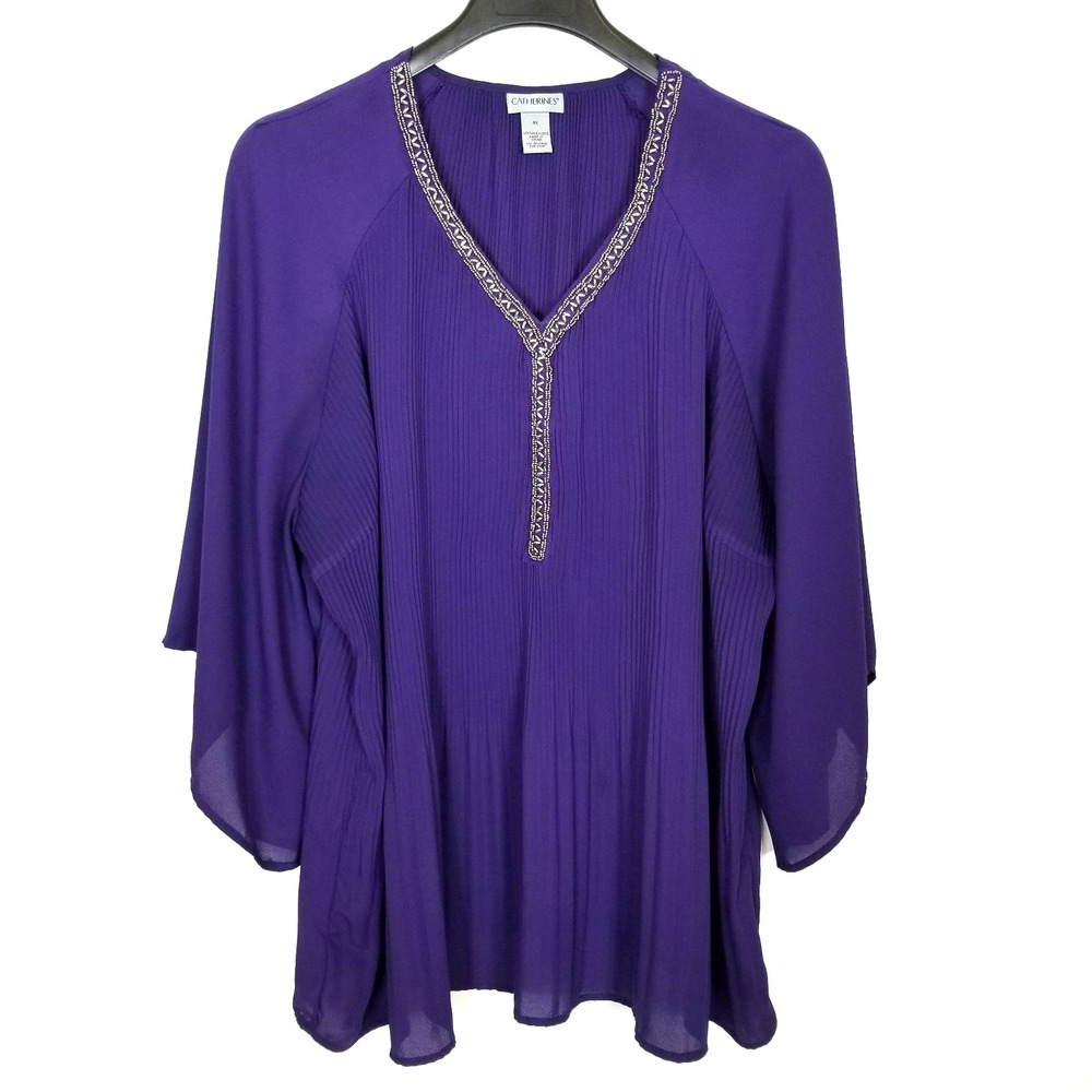 Catherines Women Plus Bejeweled Pleated Blouse Sz 4X Blue Elegant Chiffon Top